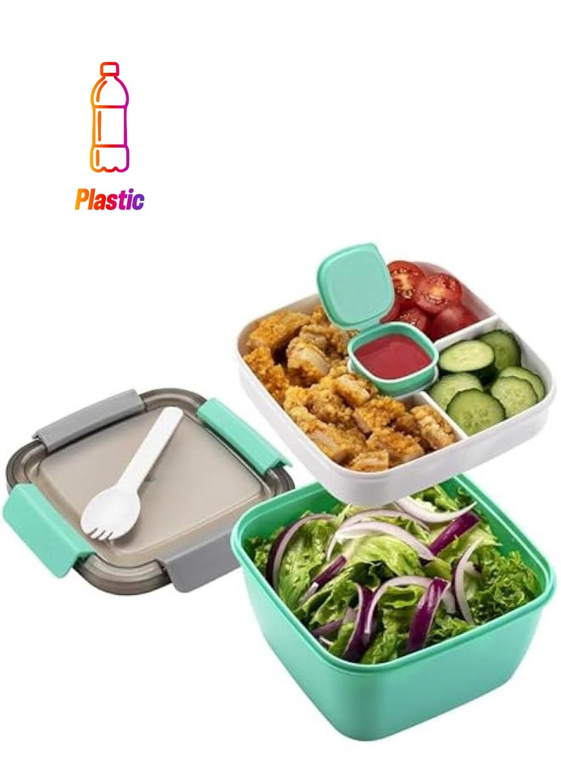 HOOKOR Salad Lunch Container To Go, 52-oz Salad Bowls with 3 Compartments, Salad Dressings Container for Salad Toppings, Snacks, Men, Women (Green)  - Image 1
