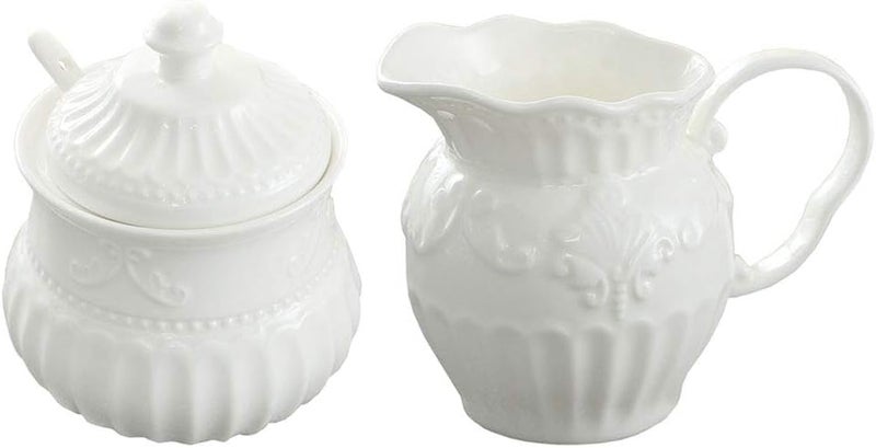 FUYU Relief White Ceramic Creamer and Sugar Bowl Set Coffee Serving Set Cream Pitcher - Image 1