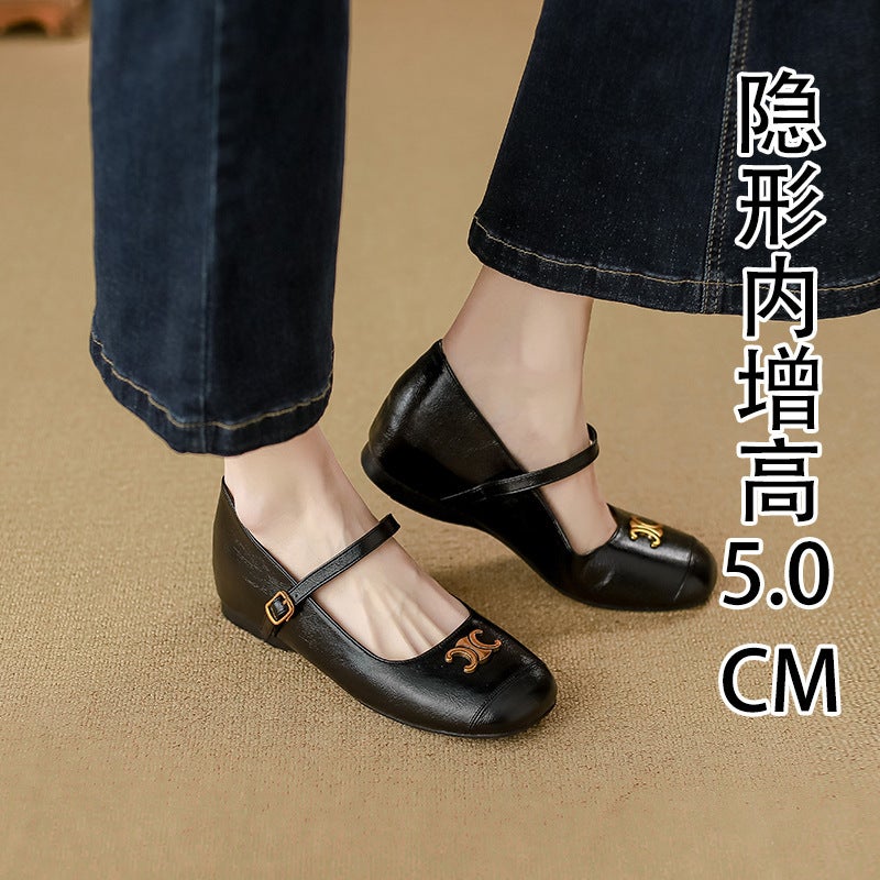 Silver 5Cm Genuine Leather Height Increasing Mary Jane Shoes Bean Shoes Gold Button Small Leather Shoes Women'S Soft Face Flat Retro Single Shoes - Image 3