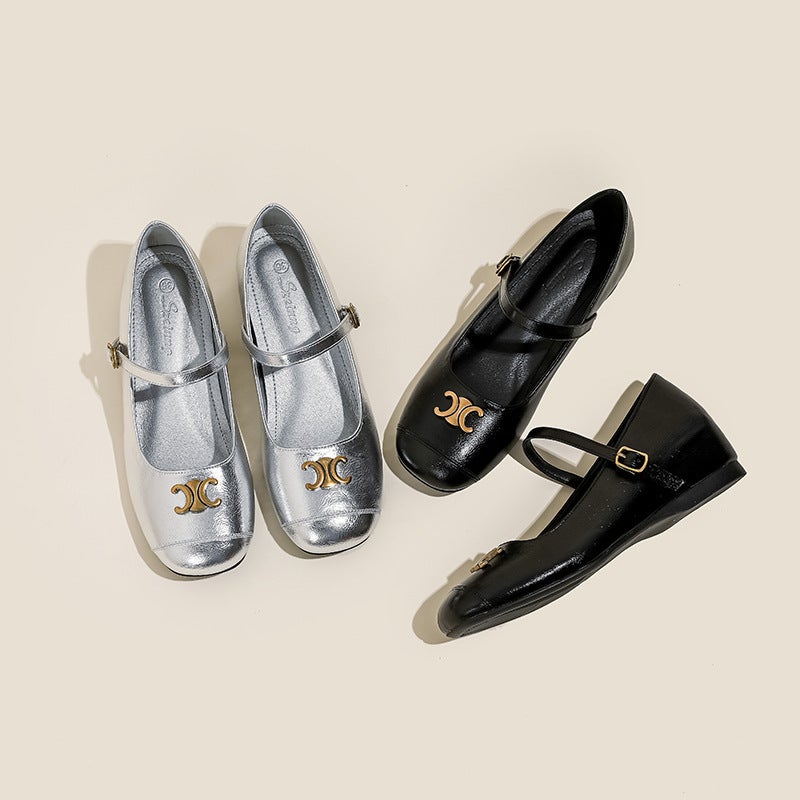 Silver 5Cm Genuine Leather Height Increasing Mary Jane Shoes Bean Shoes Gold Button Small Leather Shoes Women'S Soft Face Flat Retro Single Shoes - Image 5