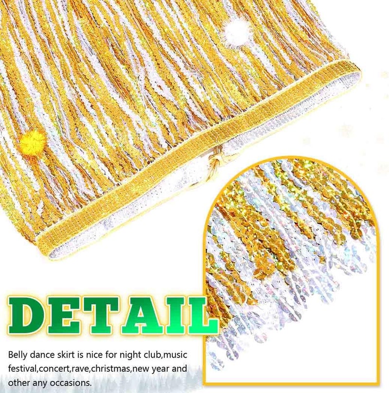 REETAN Fringe Sequin Skirt Belly Dance Sparkly Rave Skirts for Women - Image 3
