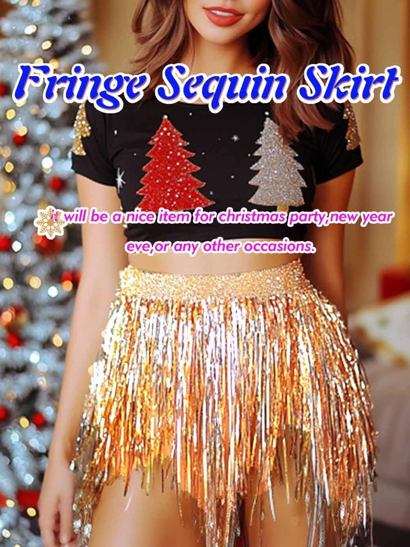 REETAN Fringe Sequin Skirt Belly Dance Sparkly Rave Skirts for Women - Image 4