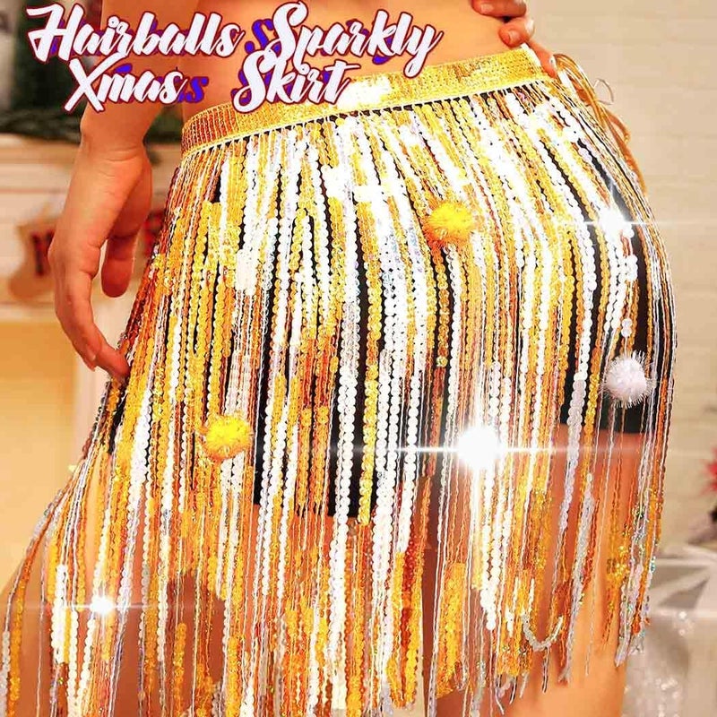 REETAN Fringe Sequin Skirt Belly Dance Sparkly Rave Skirts for Women - Image 2