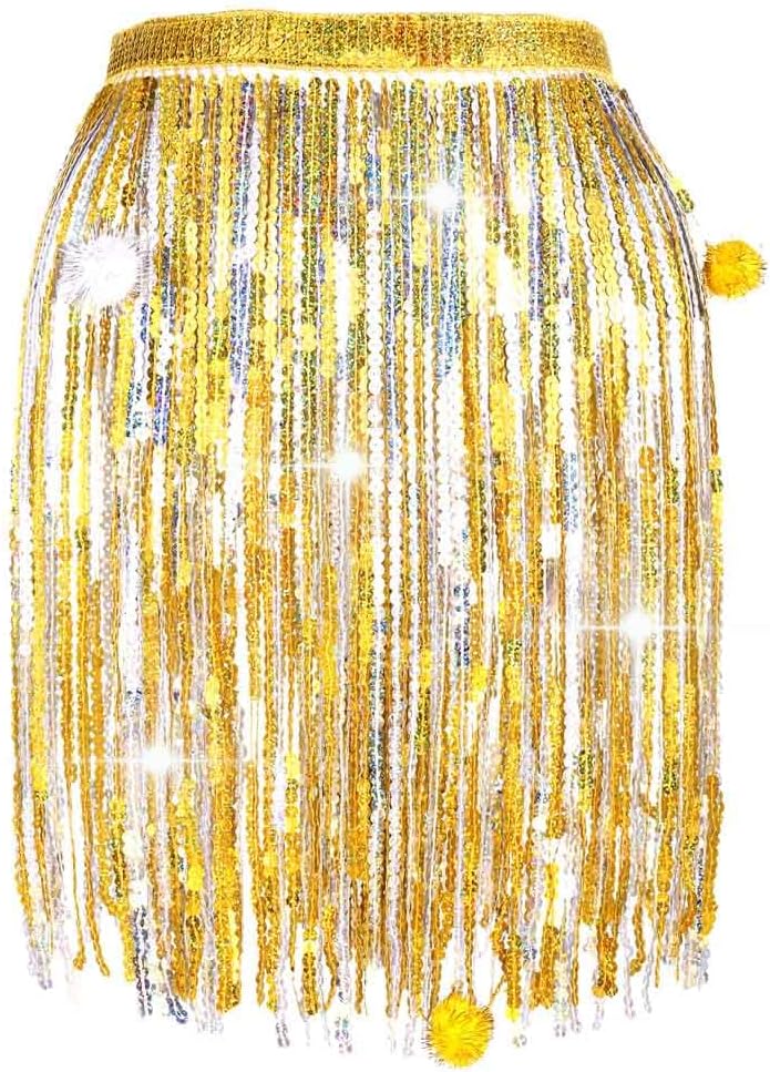 REETAN Fringe Sequin Skirt Belly Dance Sparkly Rave Skirts for Women - Image 1