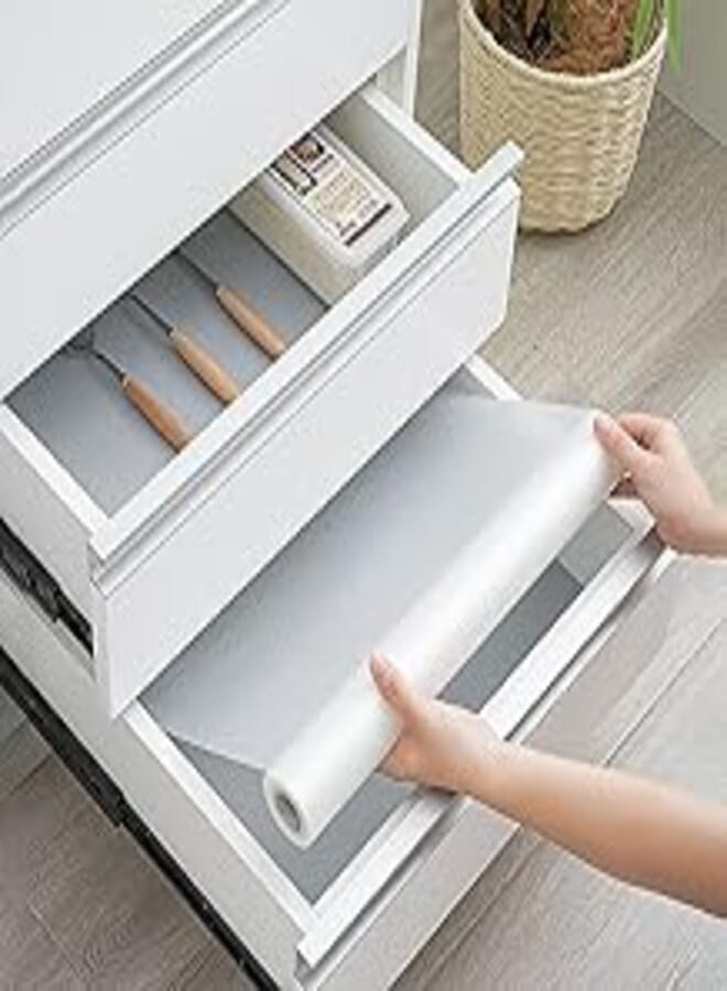مفارش بطانة مانعة للانزلاق لرفوف أدراج خزانة المطبخ (لفافة 45 سم × 3 متر) مفارش طاولة قوية مقاومة للماء للحمام والثلاجة ومتعددة الأغراض (شفافة، بيضاء)، أسيتات فينيل الإيثيلين