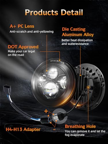 UNI-SHINE 2pcs Projector 7 Inch LED Headlights Hi/Lo Beam 7’’ Round Headlight H6024 LED Headlight Compatible with Jeep Wrangler JK CJ TJ fit for Miata, Chevy S2 - Image 5