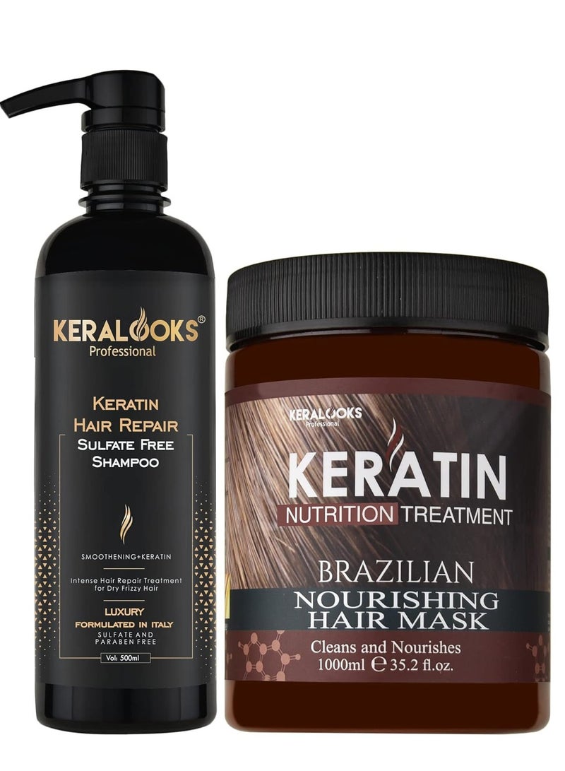 كيرالوكس بروفيشنال شامبو Keralooks الاحترافي لإصلاح الكيراتين الخالي من الكبريتات 500 مل قناع مغذي للشعر بالكيراتين البرازيلي 1000 مل عبوة كومبو - Image 1