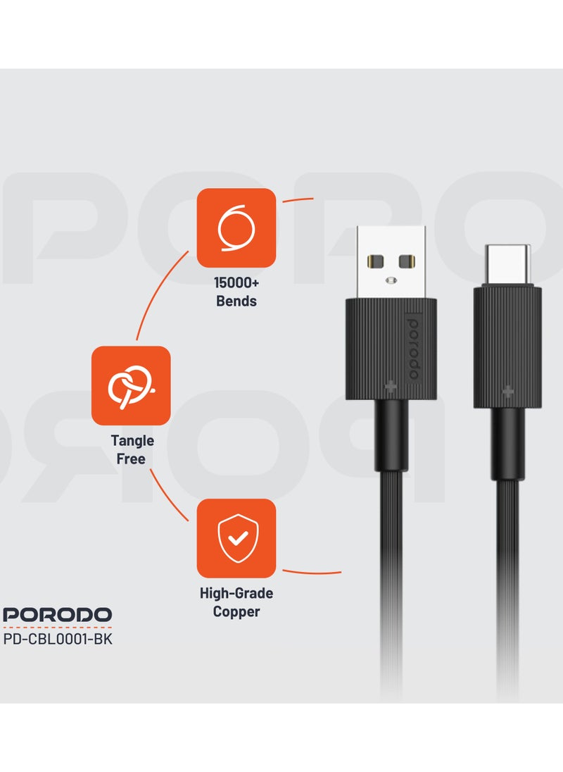 porodo - USB-A to Type-C Durable Charging Cable 1.2m / Data Transfer & Fast Charging / Tangle Free / PVC Cable - Black - Image 1