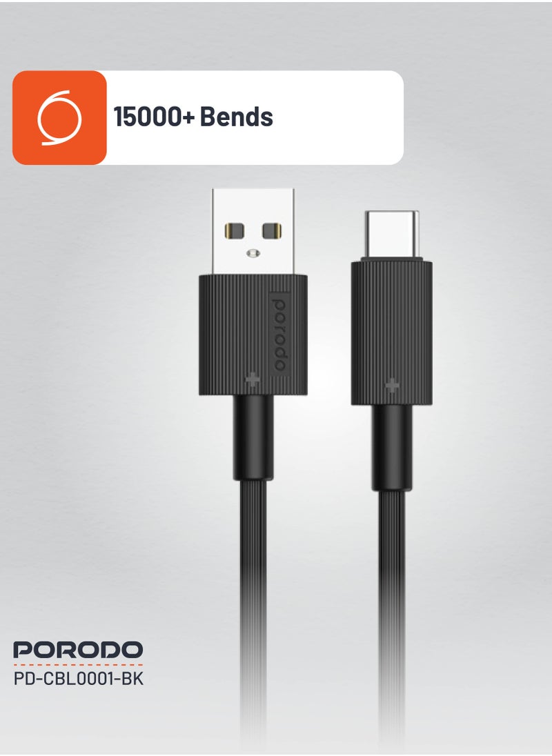 porodo - USB-A to Type-C Durable Charging Cable 1.2m / Data Transfer & Fast Charging / Tangle Free / PVC Cable - Black - Image 1