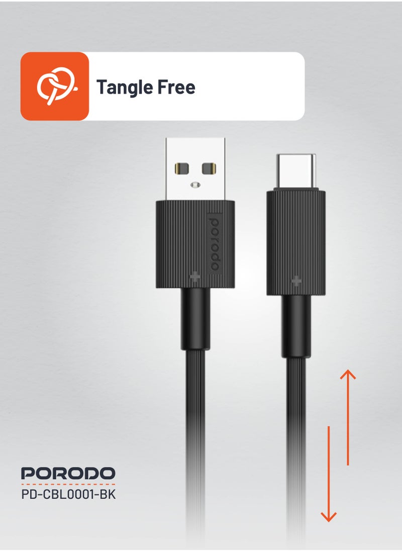 porodo - USB-A to Type-C Durable Charging Cable 1.2m / Data Transfer & Fast Charging / Tangle Free / PVC Cable - Black - Image 1