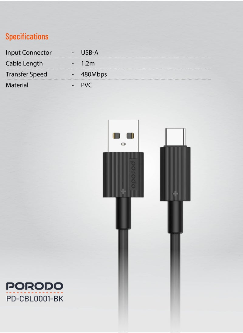 porodo - USB-A to Type-C Durable Charging Cable 1.2m / Data Transfer & Fast Charging / Tangle Free / PVC Cable - Black - Image 1