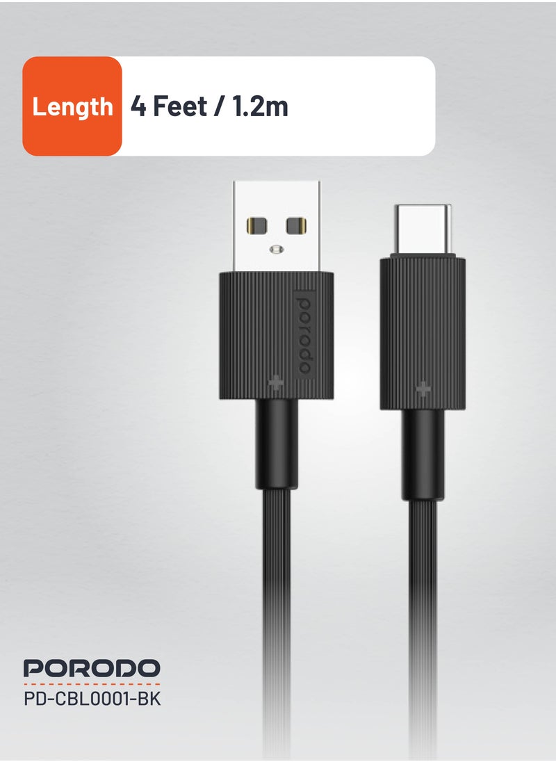 porodo - USB-A to Type-C Durable Charging Cable 1.2m / Data Transfer & Fast Charging / Tangle Free / PVC Cable - Black - Image 1