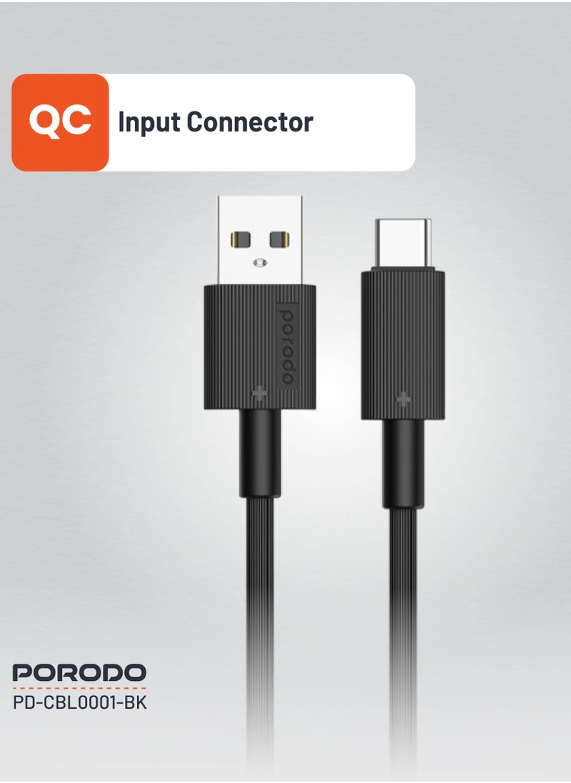 porodo - USB-A to Type-C Durable Charging Cable 1.2m / Data Transfer & Fast Charging / Tangle Free / PVC Cable - Black - Image 1