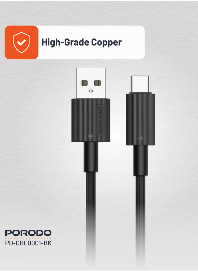 porodo - USB-A to Type-C Durable Charging Cable 1.2m / Data Transfer & Fast Charging / Tangle Free / PVC Cable - Black - Image 1