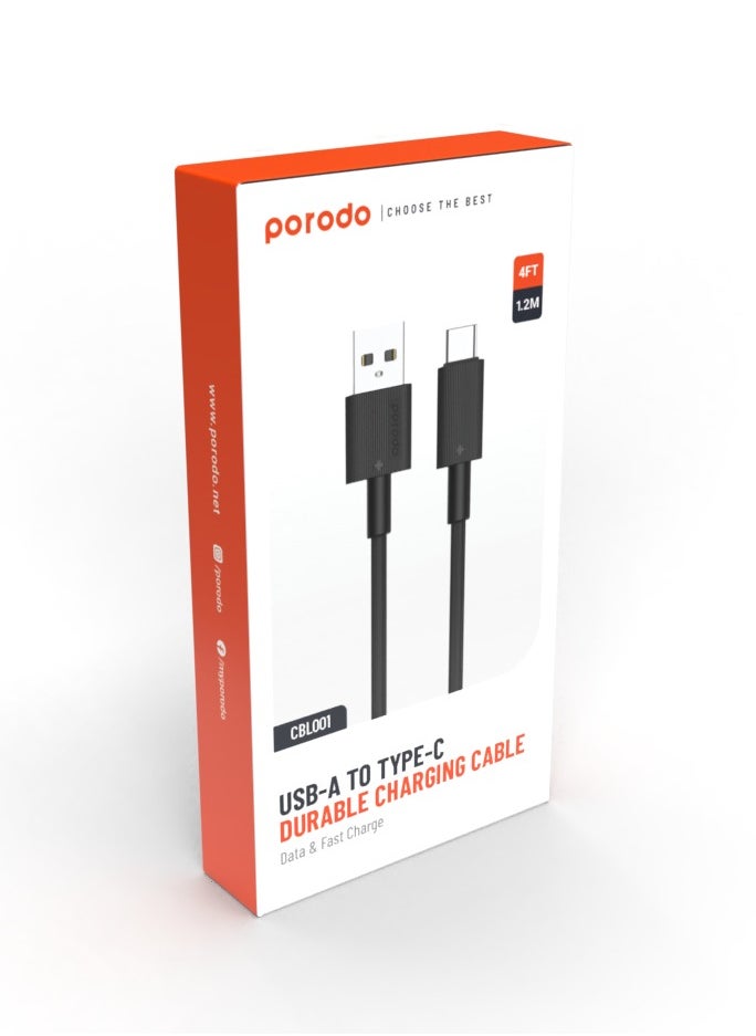 porodo - USB-A to Type-C Durable Charging Cable 1.2m / Data Transfer & Fast Charging / Tangle Free / PVC Cable - Black - Image 1