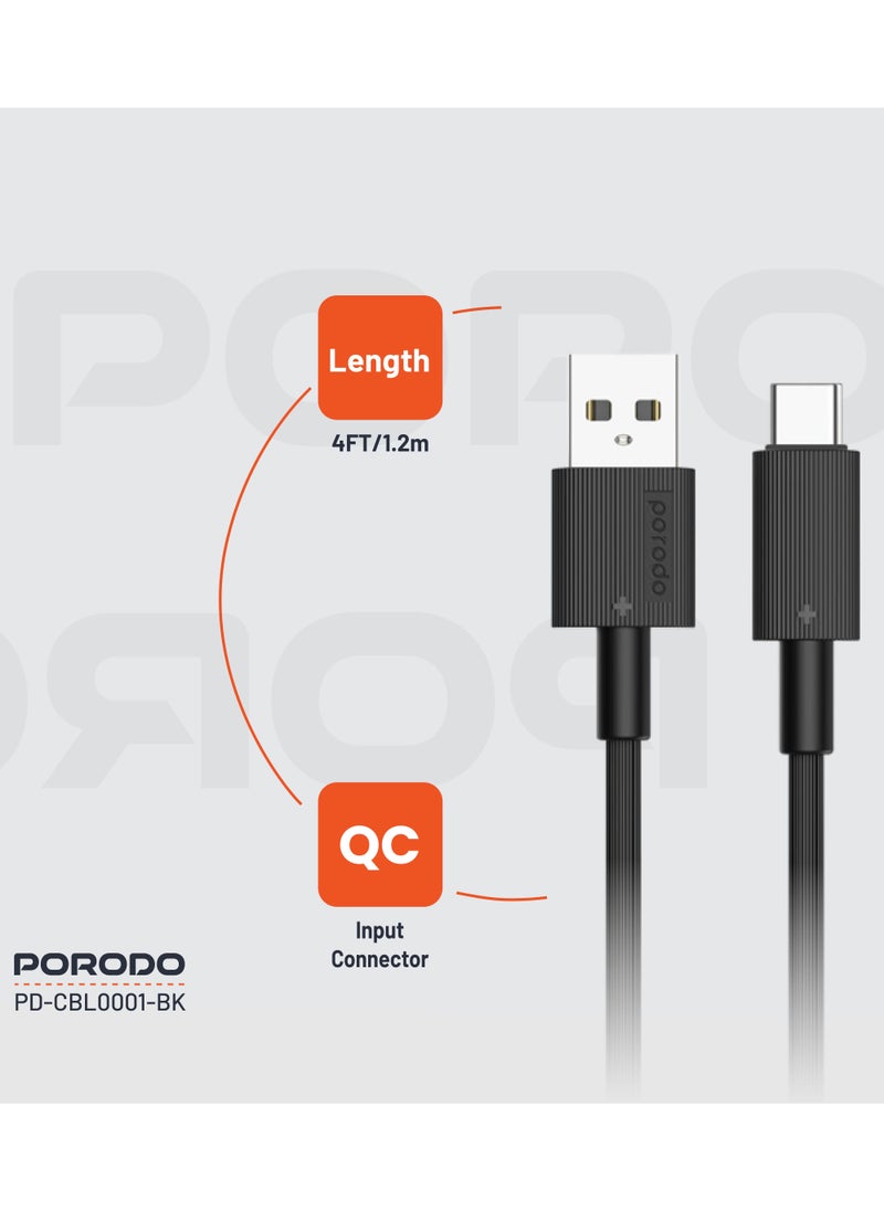 porodo - USB-A to Type-C Durable Charging Cable 1.2m / Data Transfer & Fast Charging / Tangle Free / PVC Cable - Black - Image 1