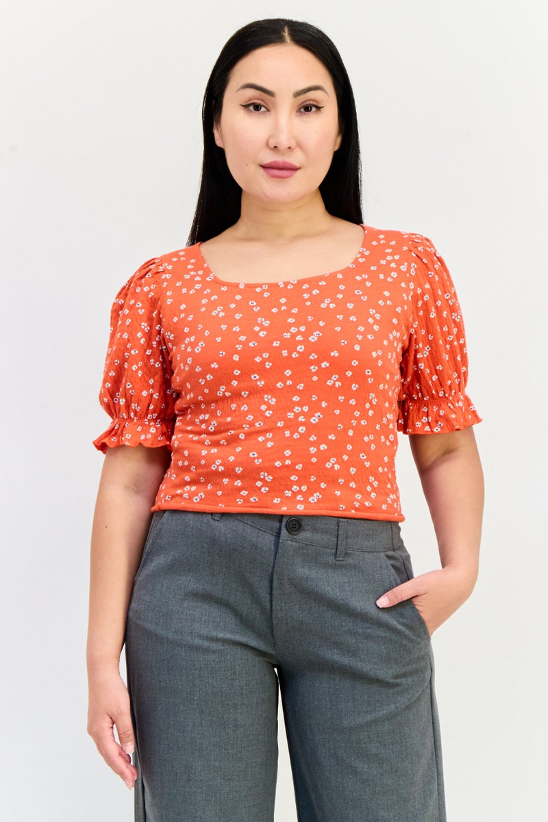 ONLY Women Square Neck Short Sleeve Allover Print Crop Top, Multicolor - Image 1