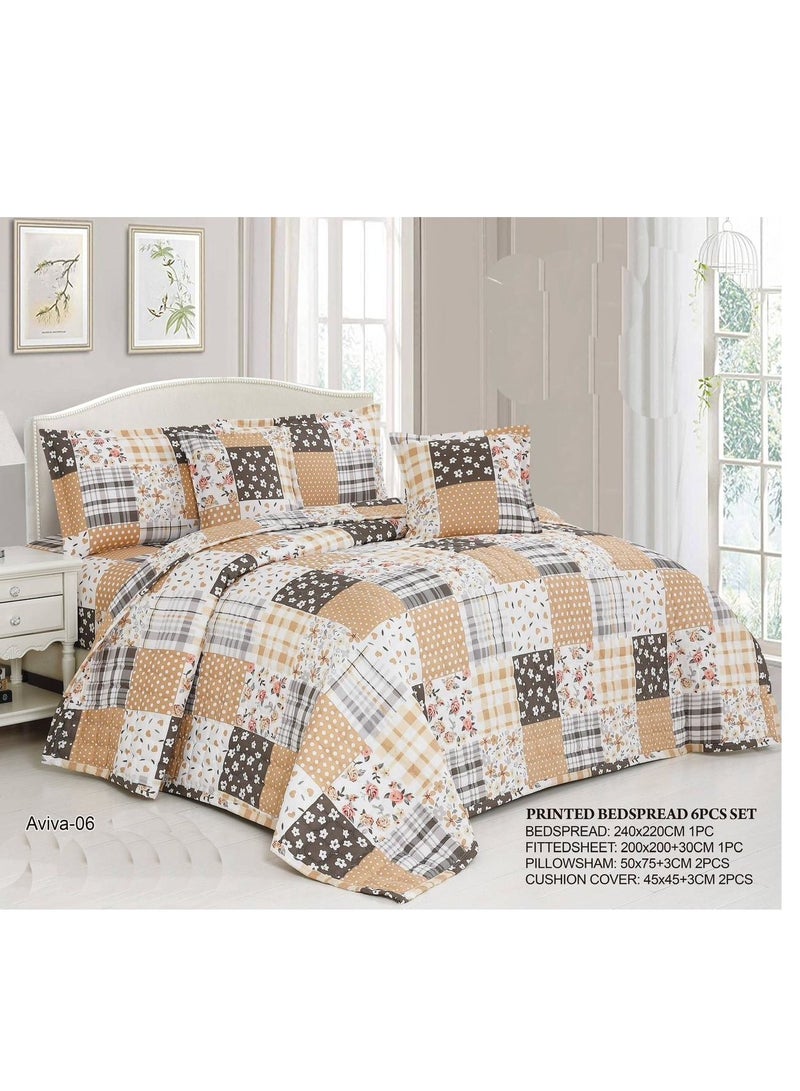 أورز مفرش سرير صيفي مطبوع مزدوج – طقم مفارش 6 قطع – تصميم عصري بنقشة المربعات والزهور – لحاف خامة ناعمة مريحة للاستخدام اليومي – ( 1 لحاف + 1 وشرشف مطاطي + 4 أغطية وسائد ديكورية ) يناسب سرير مقاس 200x200 سم - Image 2