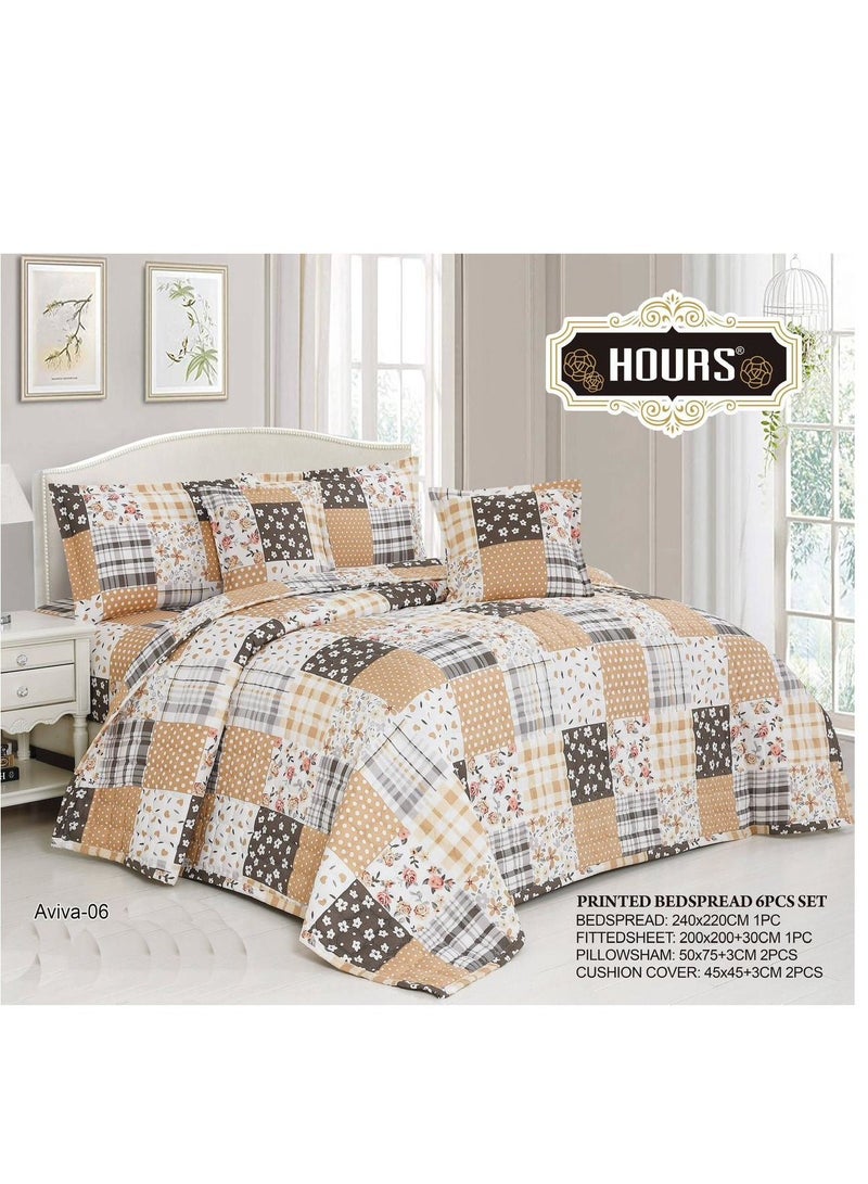 أورز مفرش سرير صيفي مطبوع مزدوج – طقم مفارش 6 قطع – تصميم عصري بنقشة المربعات والزهور – لحاف خامة ناعمة مريحة للاستخدام اليومي – ( 1 لحاف + 1 وشرشف مطاطي + 4 أغطية وسائد ديكورية ) يناسب سرير مقاس 200x200 سم - Image 1