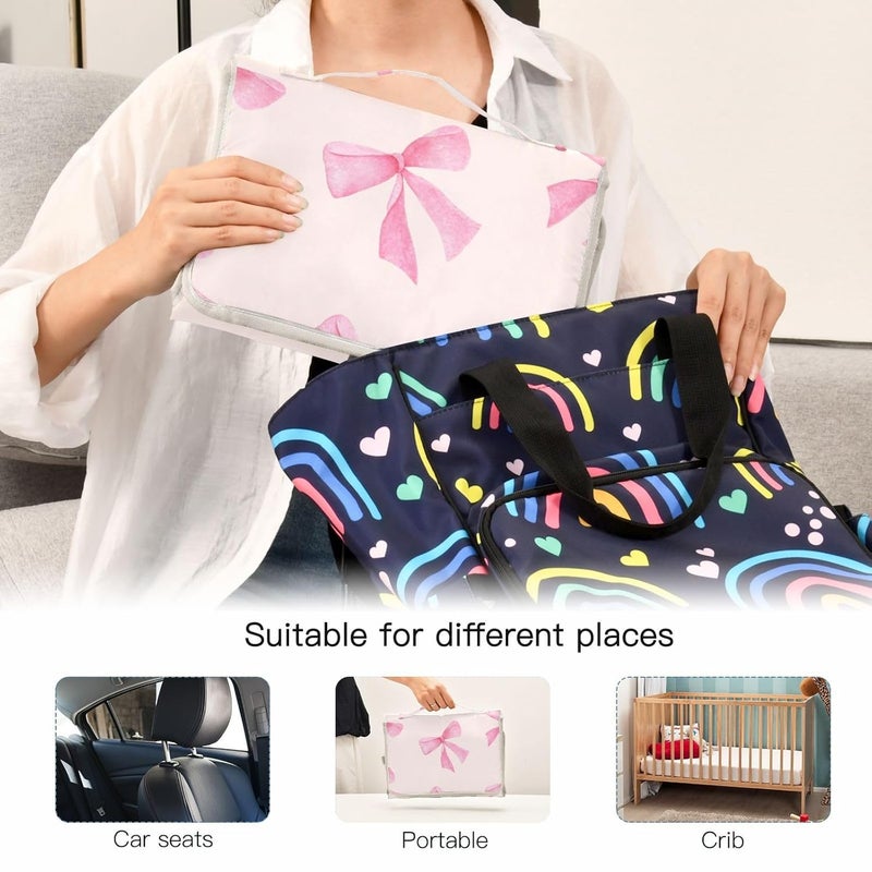 WellDay Pink Bow Portable Diaper Changing Pad  Waterproof Foldable Baby Diaper Changing Pad with Builtin Pillow Travel Diaper Changing Mat for Newborn Baby - Image 5