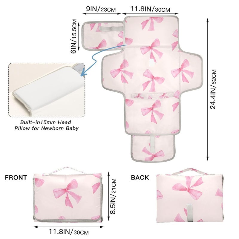 WellDay Pink Bow Portable Diaper Changing Pad  Waterproof Foldable Baby Diaper Changing Pad with Builtin Pillow Travel Diaper Changing Mat for Newborn Baby - Image 4
