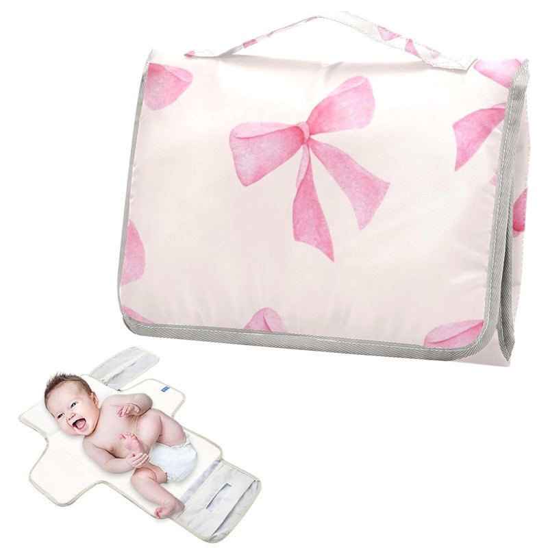 WellDay Pink Bow Portable Diaper Changing Pad  Waterproof Foldable Baby Diaper Changing Pad with Builtin Pillow Travel Diaper Changing Mat for Newborn Baby - Image 2