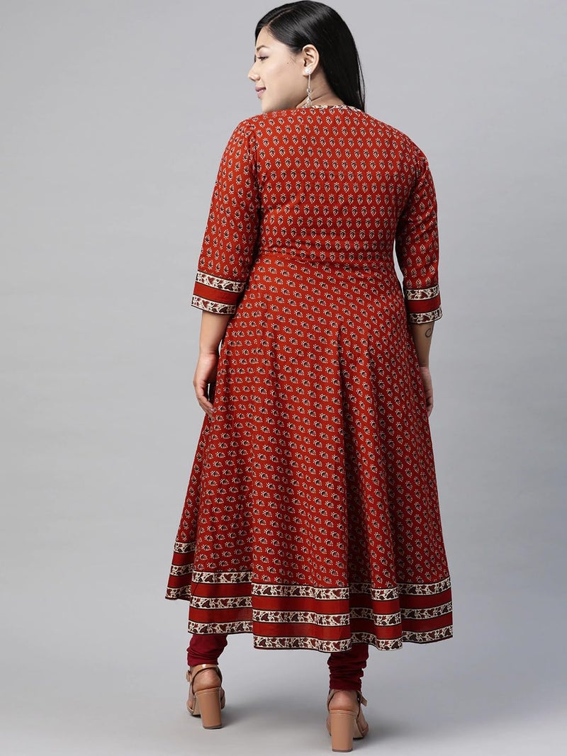 Yash Gallery Women's Plus Size Cotton Floral Printed Anarkali Regular Fit Kurta for Women (Maroon, XXL) - Image 4