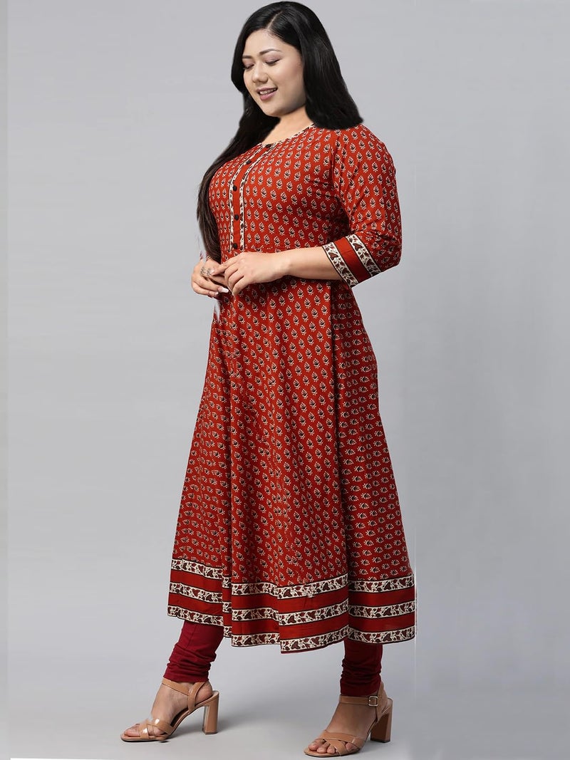 Yash Gallery Women's Plus Size Cotton Floral Printed Anarkali Regular Fit Kurta for Women (Maroon, XXL) - Image 3