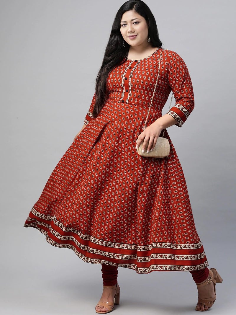 Yash Gallery Women's Plus Size Cotton Floral Printed Anarkali Regular Fit Kurta for Women (Maroon, XXL) - Image 2