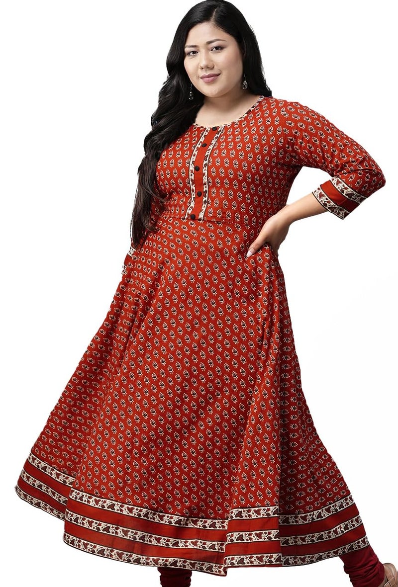 Yash Gallery Women's Plus Size Cotton Floral Printed Anarkali Regular Fit Kurta for Women (Maroon, XXL) - Image 1