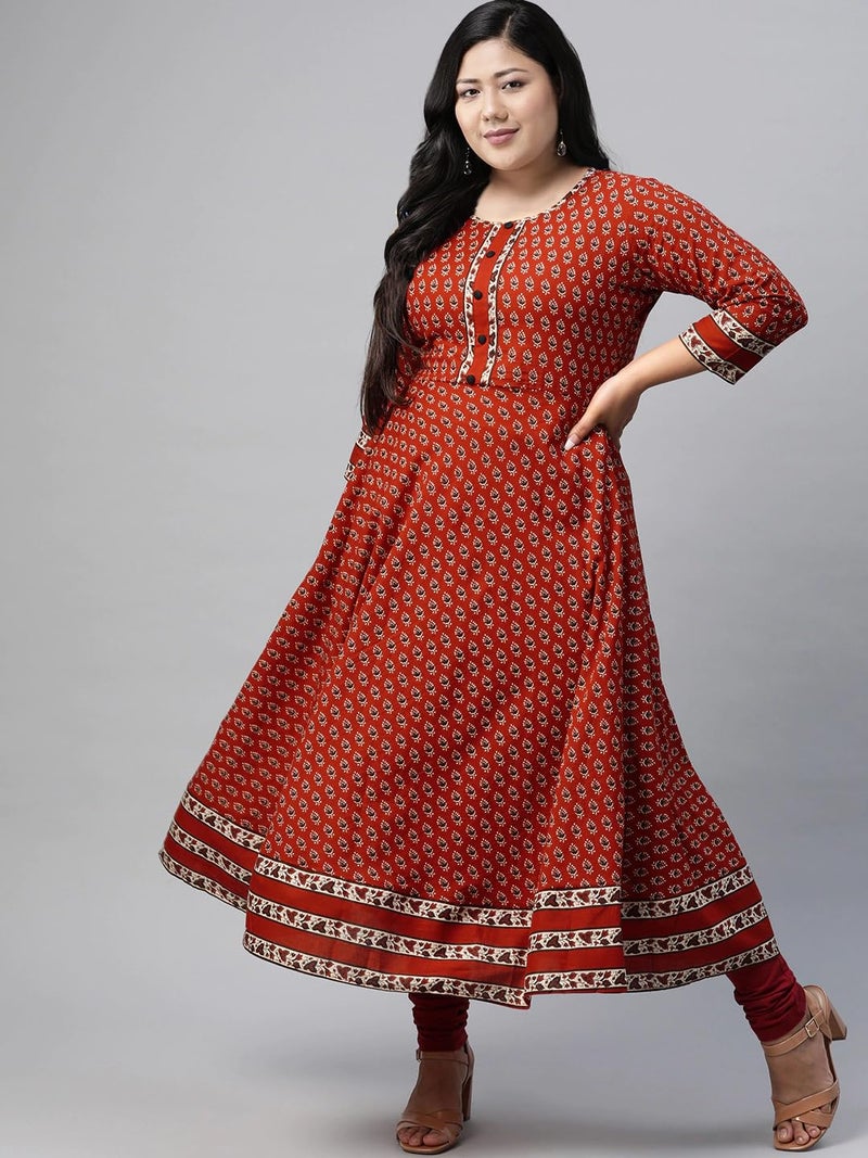 Yash Gallery Women's Plus Size Cotton Floral Printed Anarkali Regular Fit Kurta for Women (Maroon, XXL) - Image 5