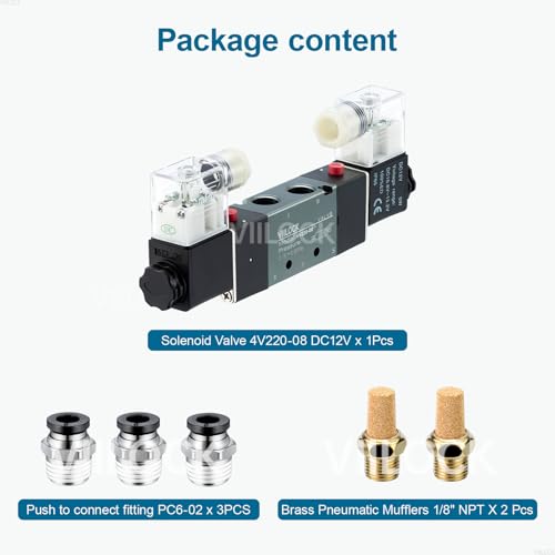 VIILOCK Pneumatic Solenoid Valve, 5 Way 2 Position 1/4”NPT Double Solenoid Internally Piloted Electric Air Control Valve 4V220-08 (DC12V) - Image 5