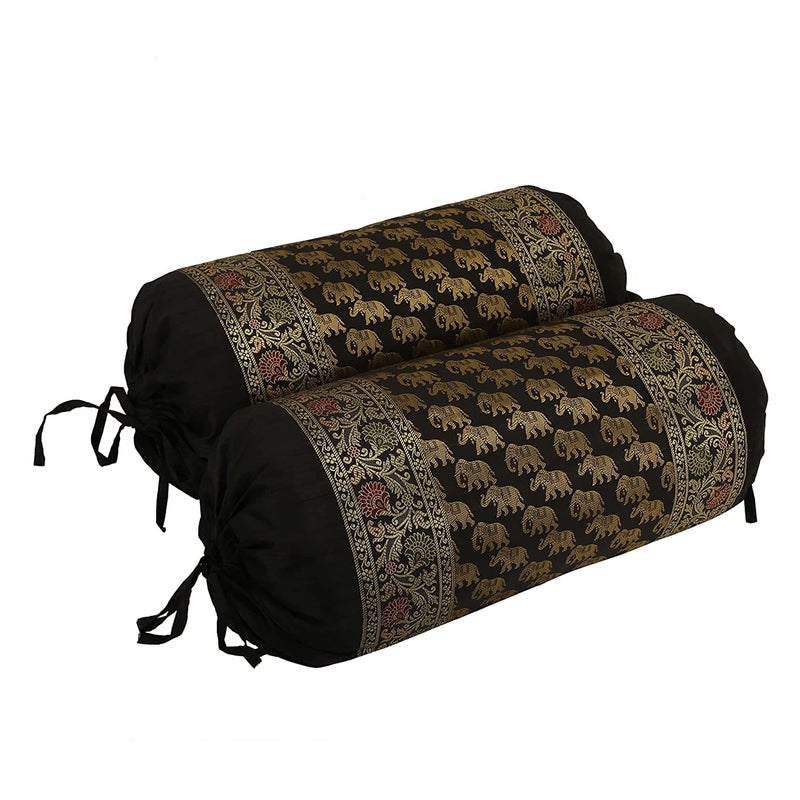E - Ezra EEZRA Silk Banarasi Home Decor Diwan Bolster Covers Gold 31 x 15 inch 78 x38 cm Brocade Jacquard Floral Ethnic Cylindrical Massand Pillow Covers Set of 2 Pcs Black - Image 2