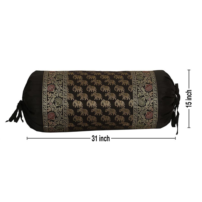 E - Ezra EEZRA Silk Banarasi Home Decor Diwan Bolster Covers Gold 31 x 15 inch 78 x38 cm Brocade Jacquard Floral Ethnic Cylindrical Massand Pillow Covers Set of 2 Pcs Black - Image 3