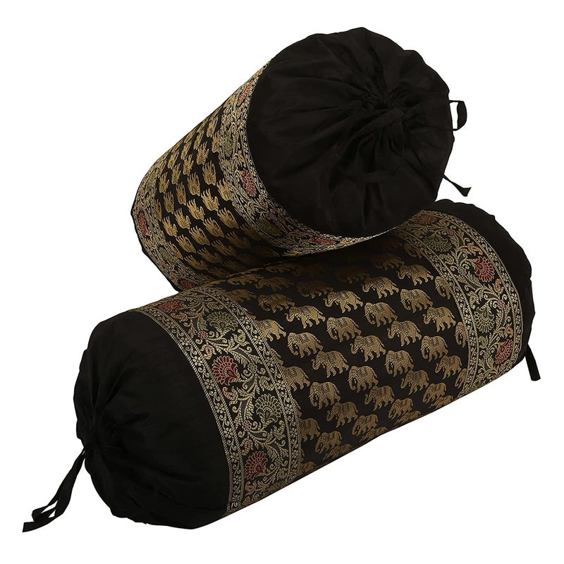 E - Ezra EEZRA Silk Banarasi Home Decor Diwan Bolster Covers Gold 31 x 15 inch 78 x38 cm Brocade Jacquard Floral Ethnic Cylindrical Massand Pillow Covers Set of 2 Pcs Black - Image 4