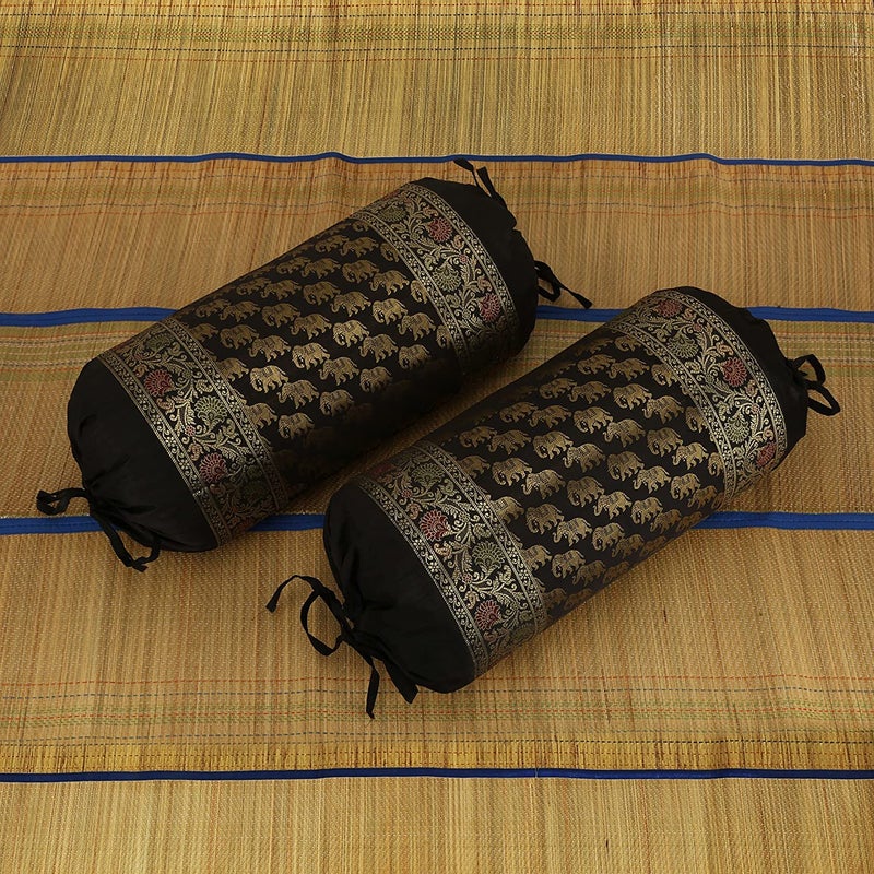E - Ezra EEZRA Silk Banarasi Home Decor Diwan Bolster Covers Gold 31 x 15 inch 78 x38 cm Brocade Jacquard Floral Ethnic Cylindrical Massand Pillow Covers Set of 2 Pcs Black - Image 1
