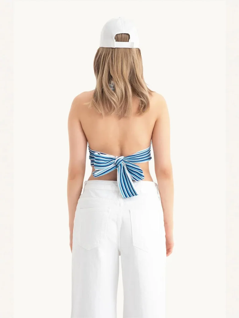 HICCUP Striped Deep V Neck Halter Backless Crop Top