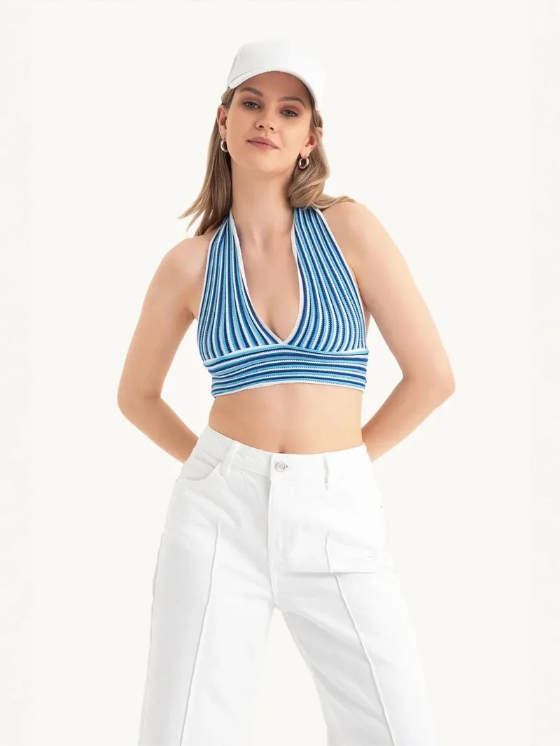 HICCUP Striped Deep V Neck Halter Backless Crop Top