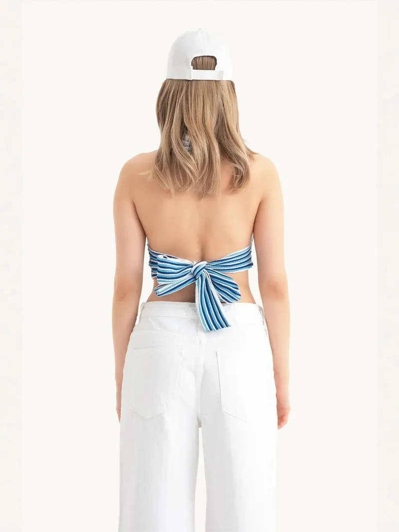 HICCUP Striped Deep V Neck Halter Backless Crop Top