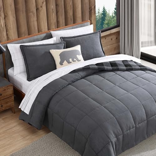 Eddie Bauer Twin Comforter Set Microsuede Bedding with Soft Plush Faux Shearling Reverse 2 Piece Bed Set with Matching Pillowcase Cabin Plaid Grey - Image 3