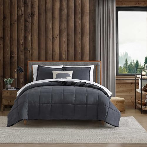 Eddie Bauer Twin Comforter Set Microsuede Bedding with Soft Plush Faux Shearling Reverse 2 Piece Bed Set with Matching Pillowcase Cabin Plaid Grey - Image 1