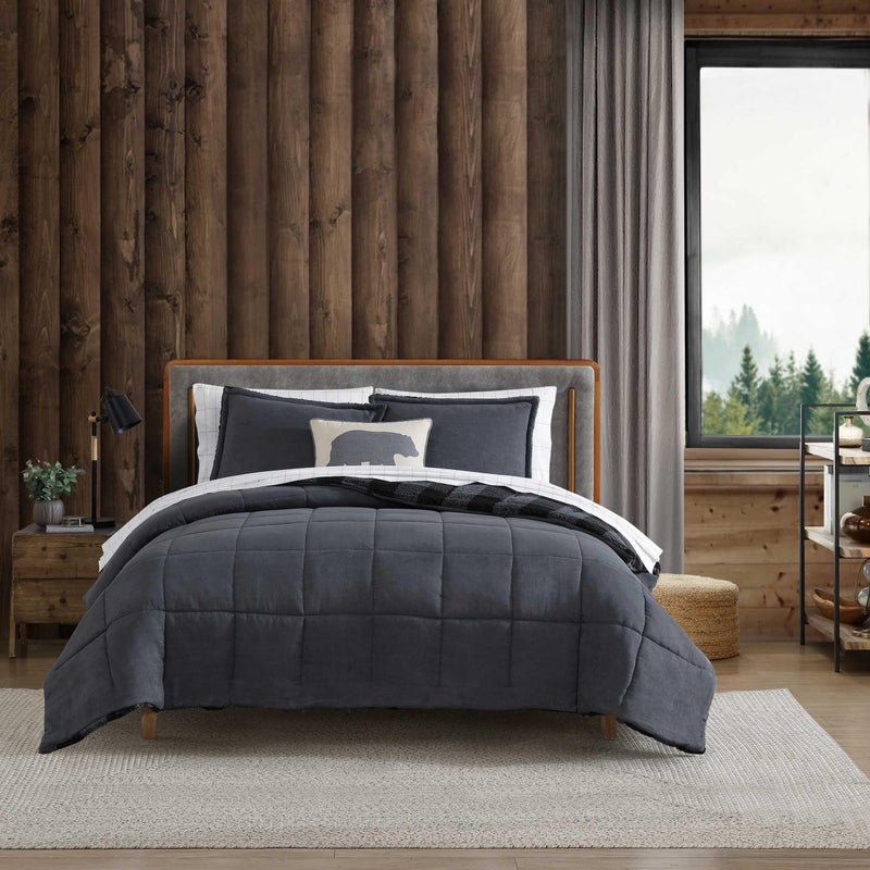 Eddie Bauer Twin Comforter Set Microsuede Bedding with Soft Plush Faux Shearling Reverse 2 Piece Bed Set with Matching Pillowcase Cabin Plaid Grey - Image 2