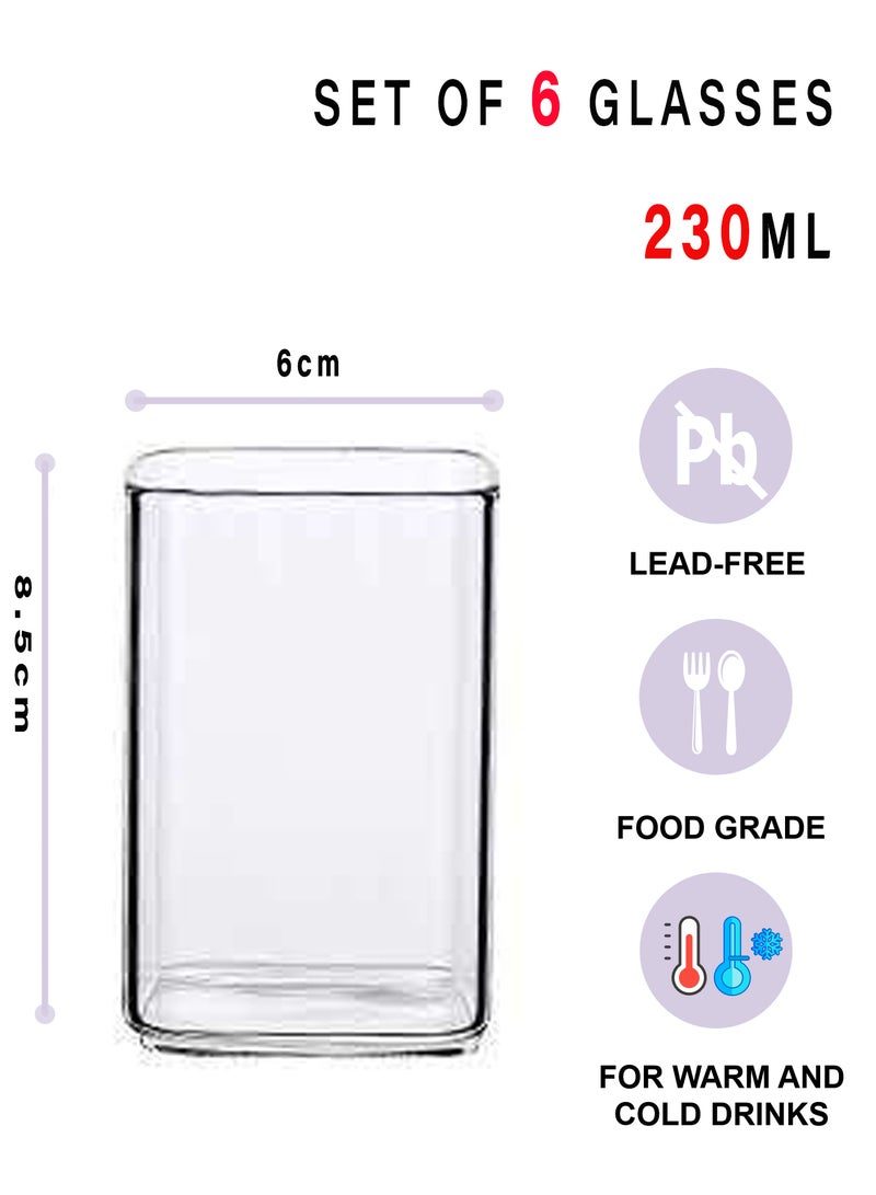 6 أكواب شرب مربعة شفافة - 230 مل للكوب، أكواب زجاجية شفافة عصرية بتصميم هندسي أنيق للقهوة والماء والعصائر والاستخدام اليومي - Image 2