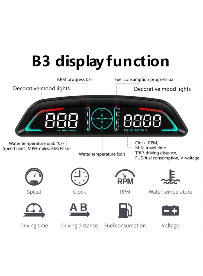والالا شاشة عرض OBD2، شاشة عرض أمامية للسيارات، عداد سرعة مع السرعة، دورة في الدقيقة للمحرك، ساعة، إنذار السرعة الزائدة، إنذار درجة حرارة الماء، تذكير القيادة بالتعب، يناسب معظم الموديلات بعد عام 2008 - Image 4