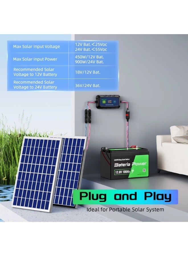 BateriaPower Bateria Power PWM 30A 12V 24V Solar Charge Controller Intelligent Plug and Play Portable Solar Regulator, LCD Display - Image 5