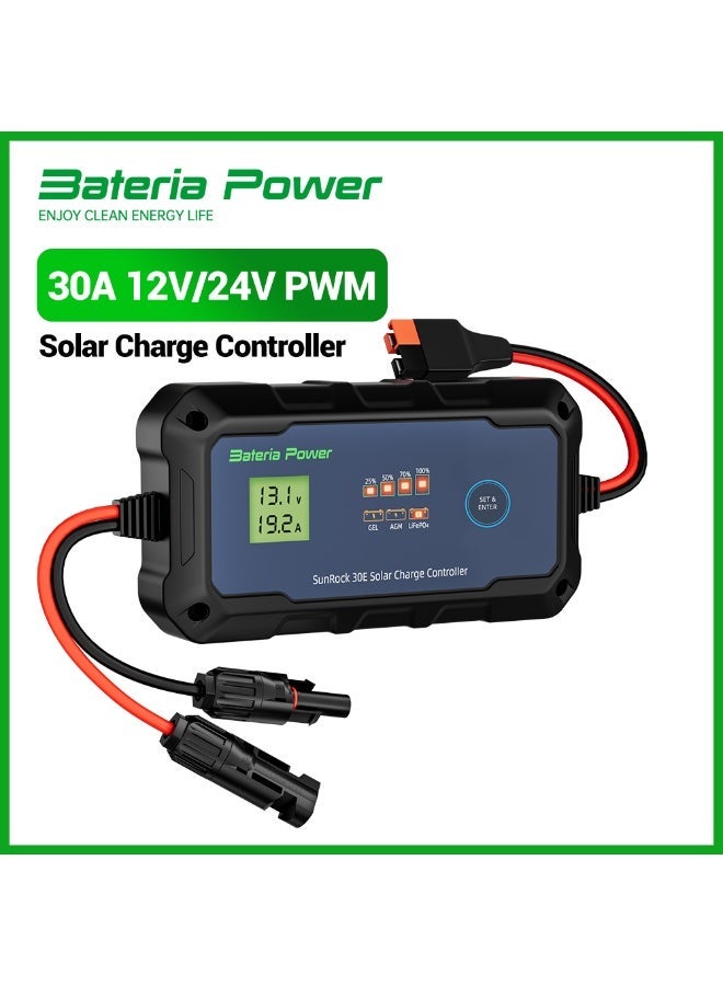 BateriaPower Bateria Power PWM 30A 12V 24V Solar Charge Controller Intelligent Plug and Play Portable Solar Regulator, LCD Display - Image 1