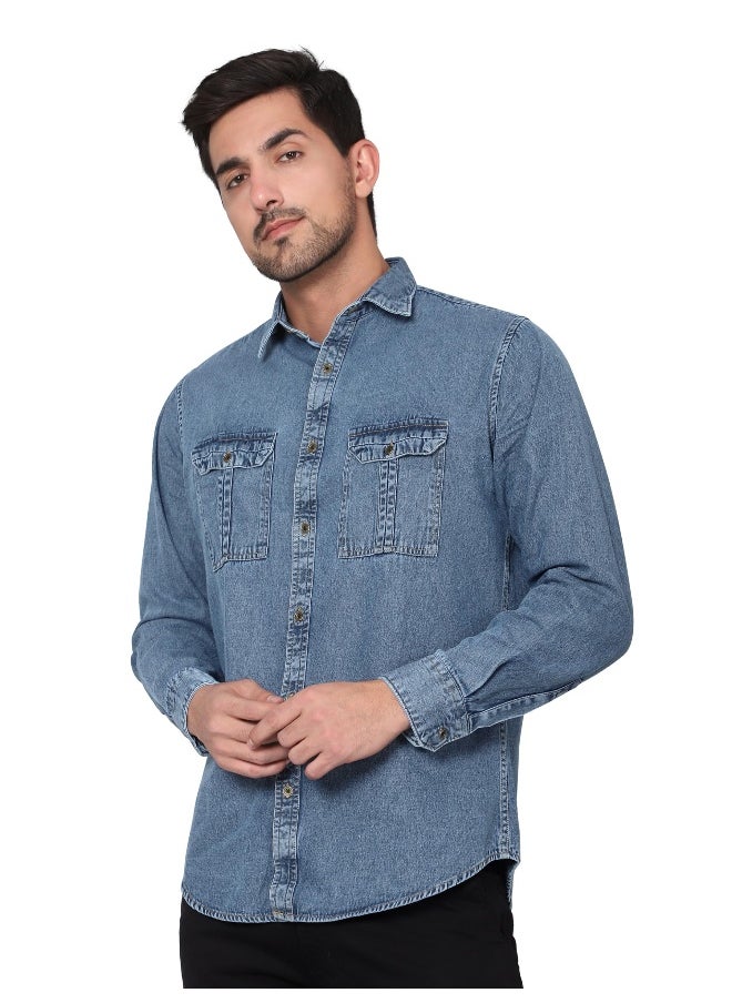 Beyoung Long Sleeve Pacific Blue Denim Shirt for Men  - Image 1