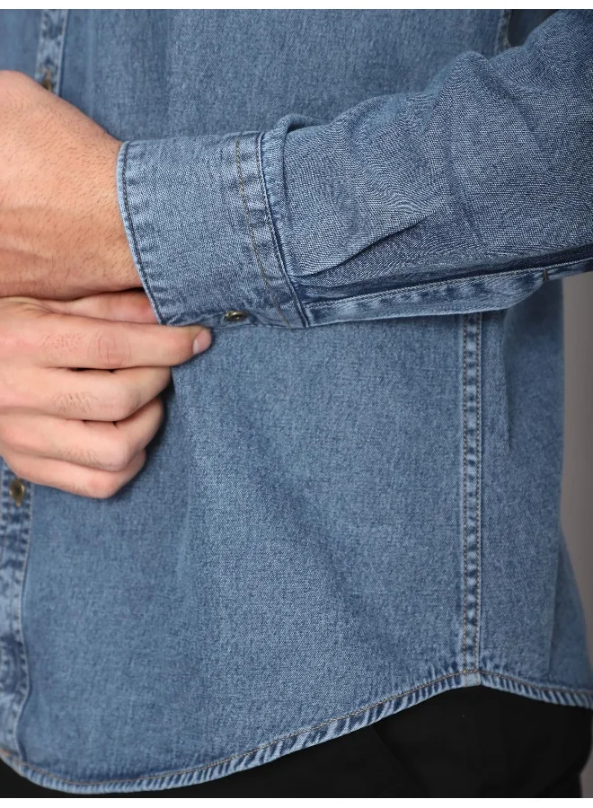 Beyoung Long Sleeve Pacific Blue Denim Shirt for Men