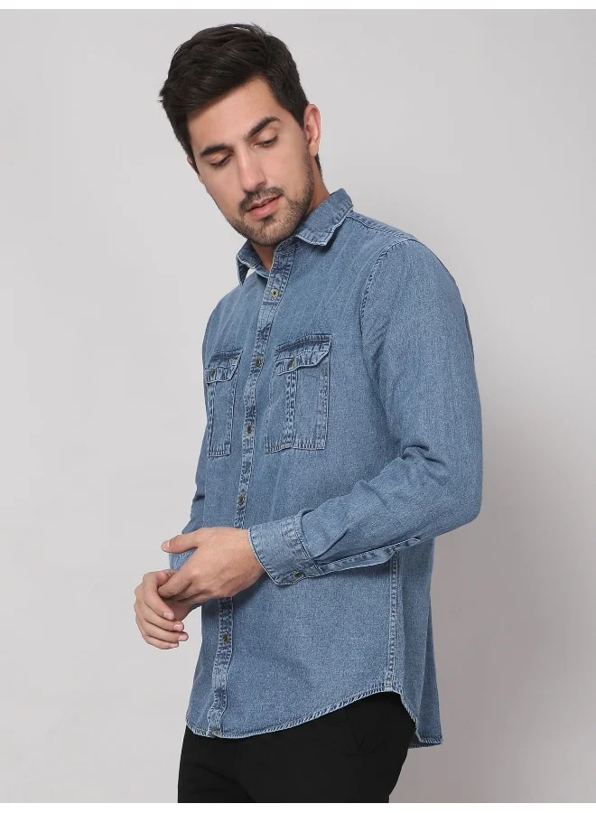 Beyoung Long Sleeve Pacific Blue Denim Shirt for Men