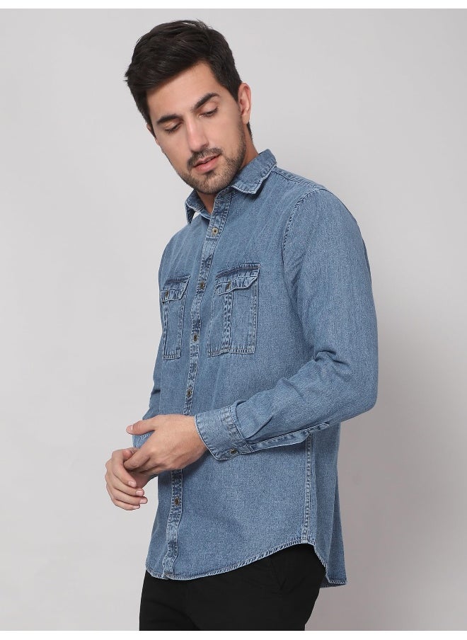 Beyoung Long Sleeve Pacific Blue Denim Shirt for Men  - Image 5